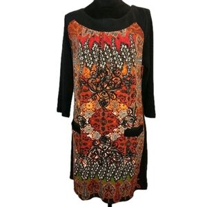 Aryeh Womens L 3/4 Sleeve Shift Sweater Dress Boho Design Pockets Warm Artsy